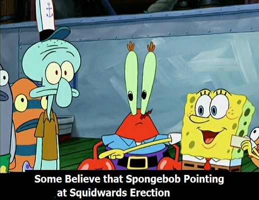 Spongebob points at squidwards erection